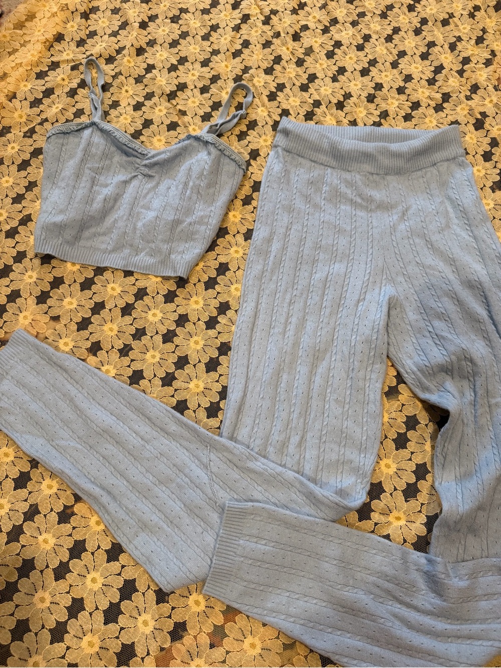 Free People Light Blue Knit Two-Piece Lounge Set - Crop Top & High-Waist Pants